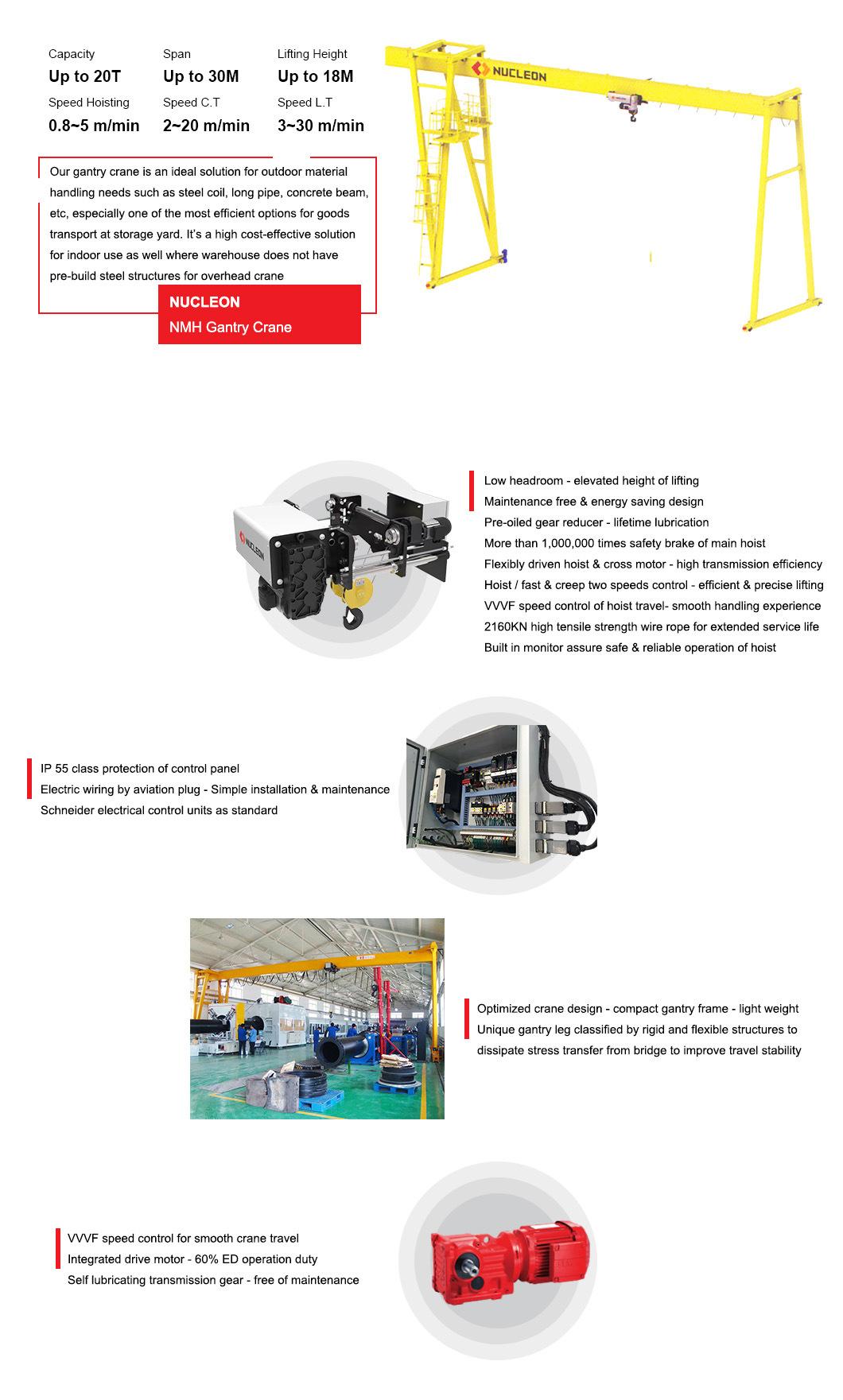 Outdoor Indoor Nucleon Durable Performance Rail Mounted Single Girder Gantry Crane for Nz Market