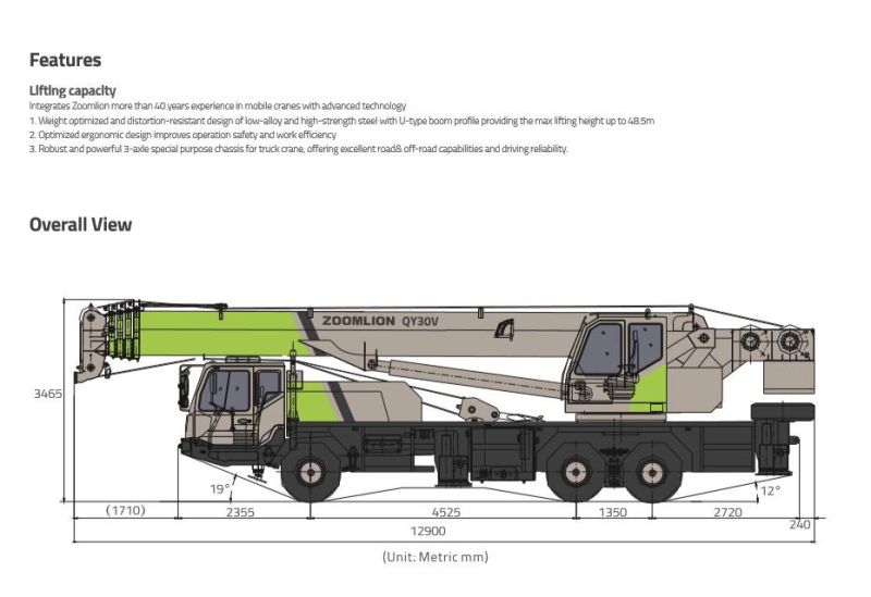 Zoomlion Hydraulic Truck Crane Price Truck Cranes 30 Tons Qy30V532.9