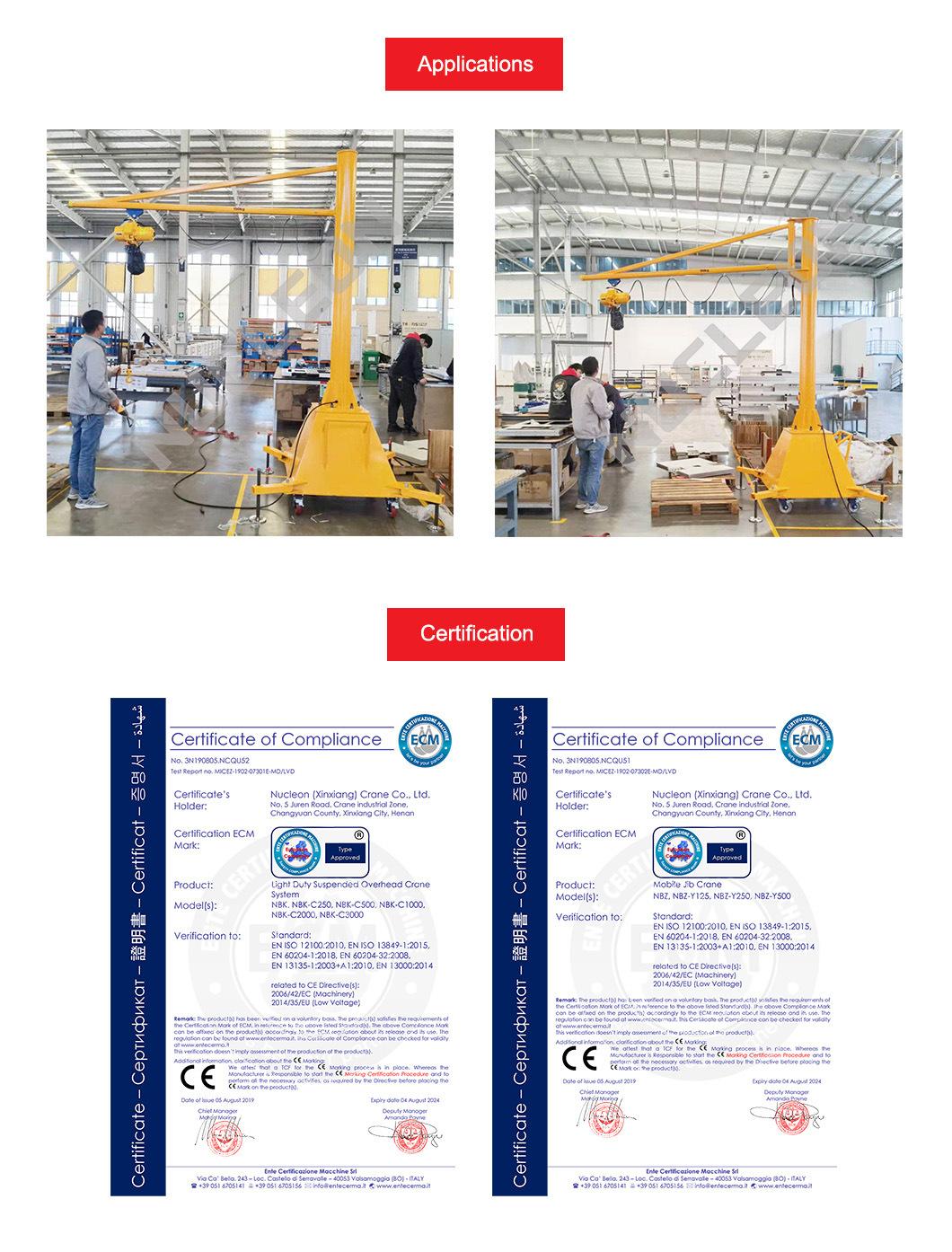 CE Certified 250kg Portable Small Movable Jib Crane with Free Traveling Wheels