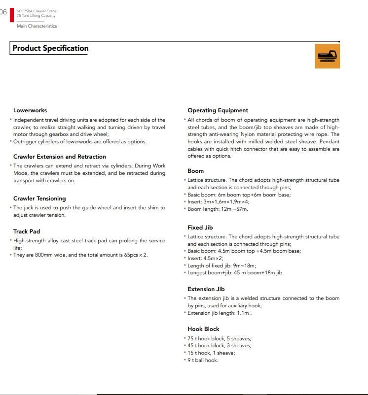 75t Scc750A Crawler Crane 75 Ton Cranes