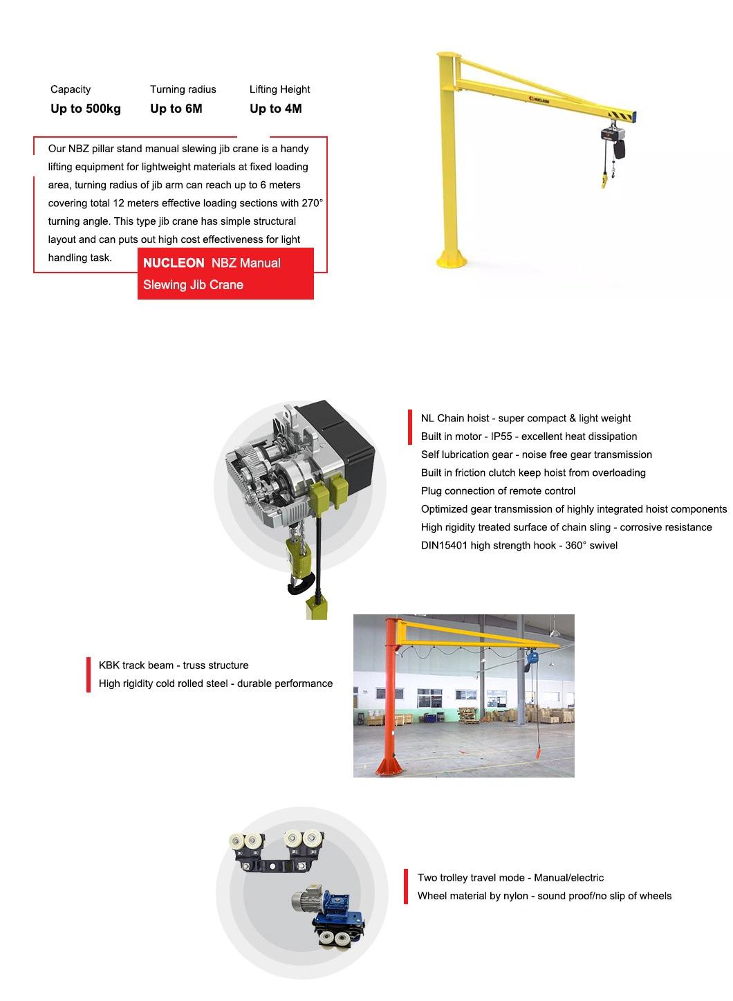 Pillar Column Mounted 300 Degree Light Duty Arm Slewing Jib Crane 0.5 T with Cable Hoist