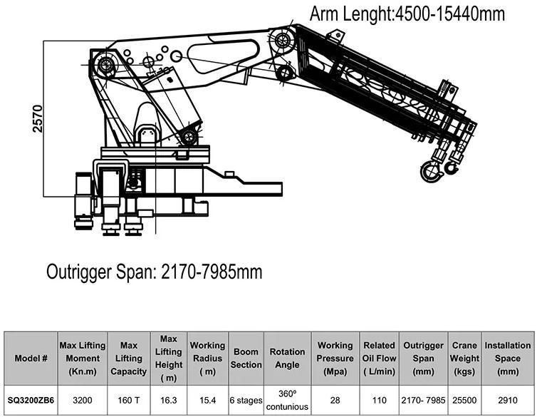 300t Semi-Knuckle Boom Cranes Sq6000zb6 Lift 150ton at 4m, Boom Hoist 60t at 8.7m, 21t at 15.8m (6000Kn. m 600T. m)