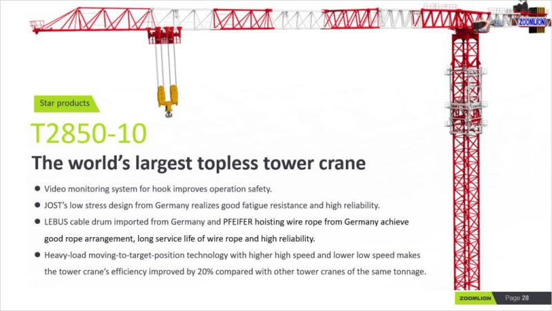 T2850-120V Zoomlion Construction Machinery Flat-Top/Topless Tower Crane
