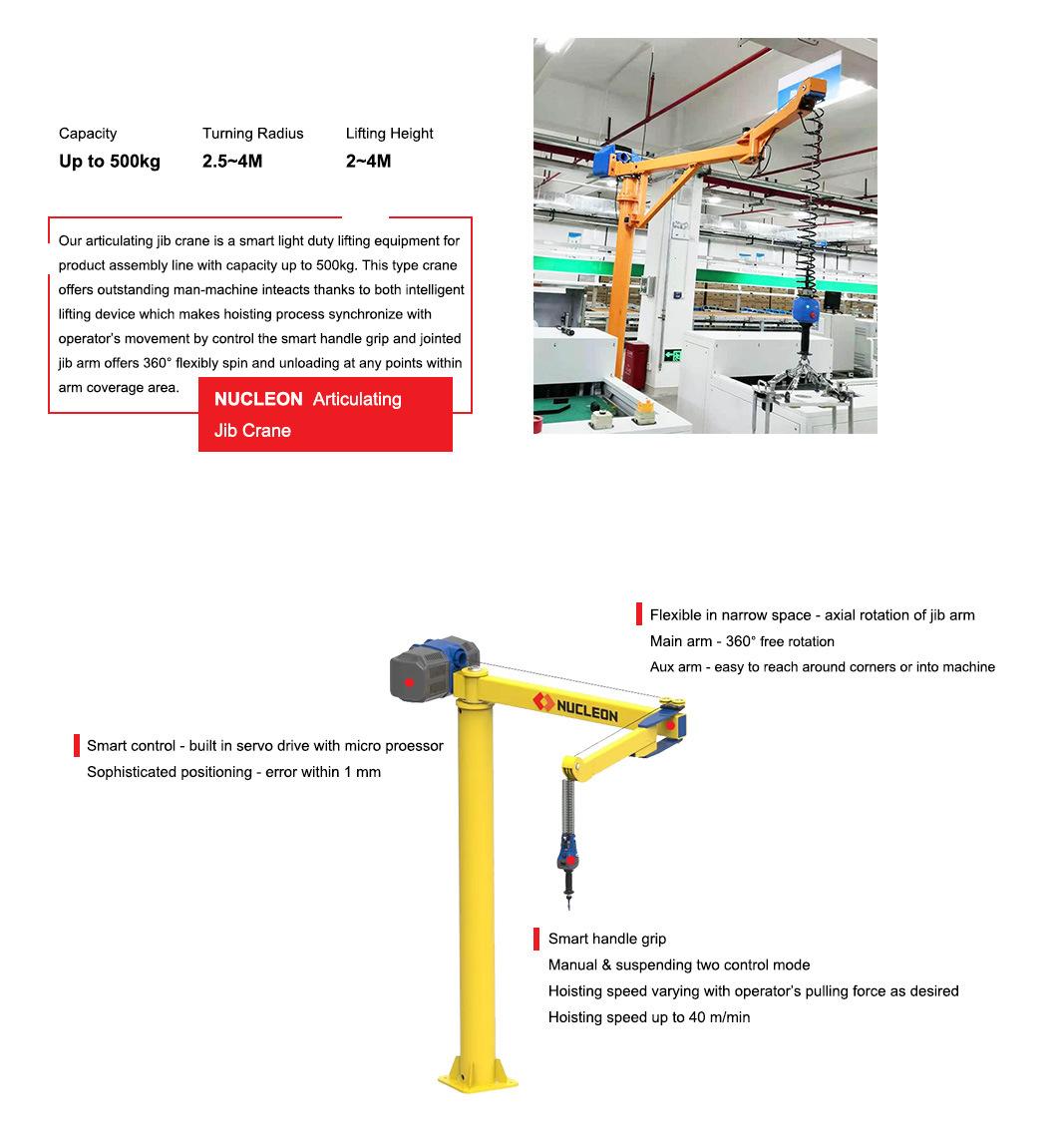 Nucleon Flexible Stand Knuckle Jib Crane with Articulated Beam for Parts Machining on Work Platform