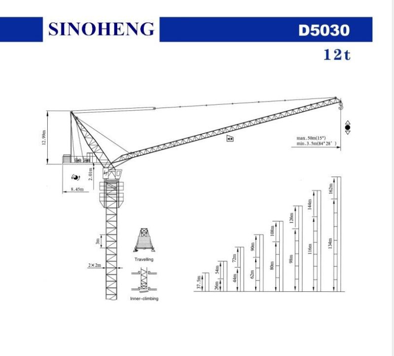 12t Luffing Jib Tower Crane with Max Jib 50m