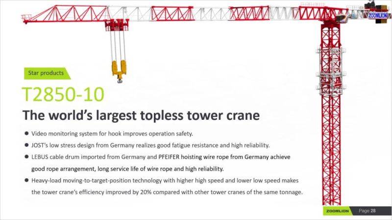 T2850-120V Zoomlion Construction Machinery 120t Used Flat-Top/Topless Tower Crane