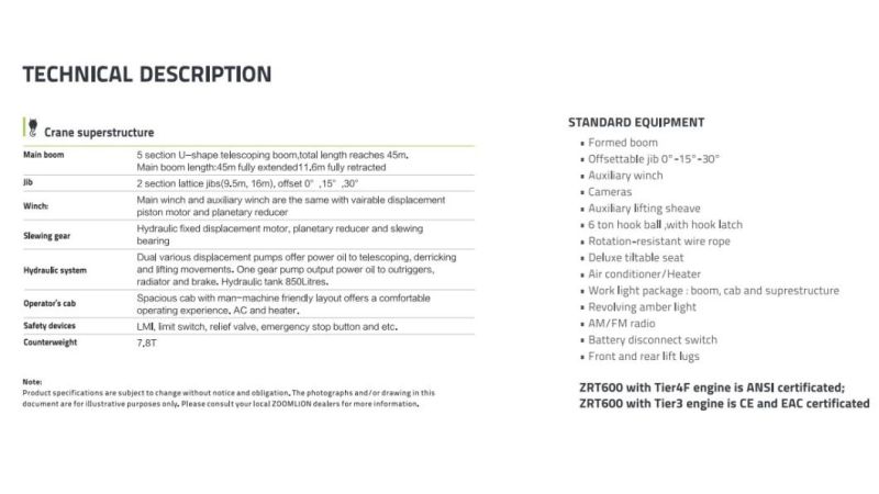 Zoomlion Rough Terrain Crane Zrt600 Wheel Crane 60ton Outstanding Performance