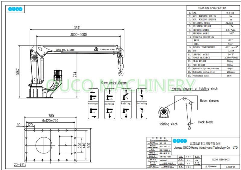 Ouco 0.7t6m Hydraulic Telescopic Marine Crane Stable Operation