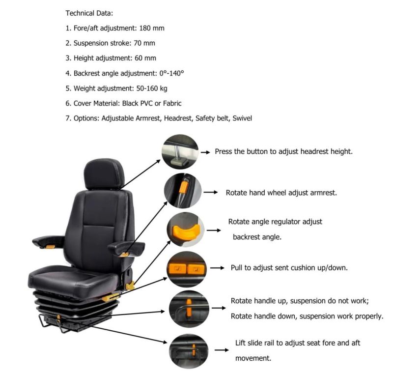 Luxury Aftermarket Leather Adjustable Hydraulic Construction Machinery Mini Excavator Air Suspension Driver Seat for Sale