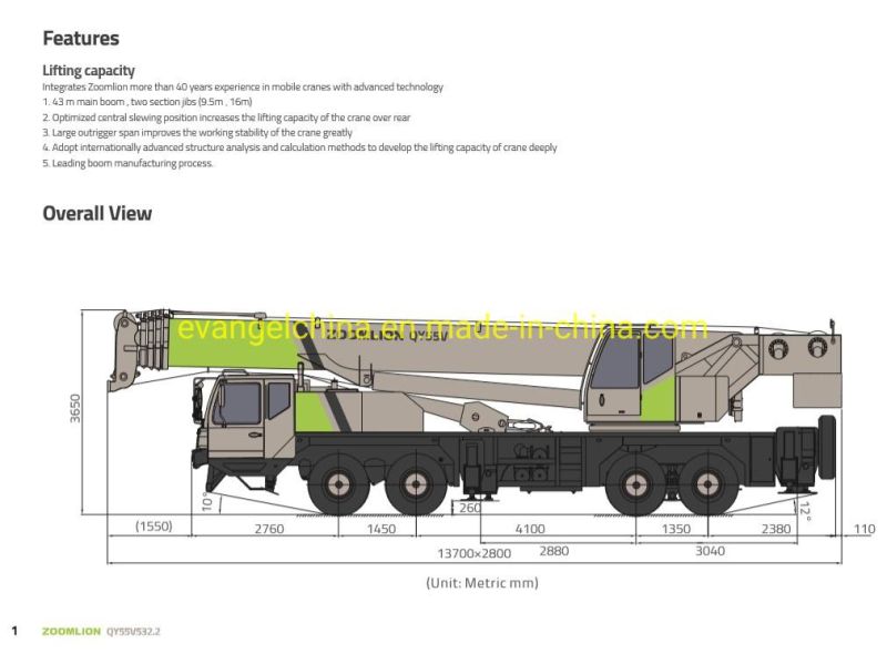 Zoomlion 55t Hydraulic Truck Crane Qy55V/Qy55V532.2 with Main Boom 43m