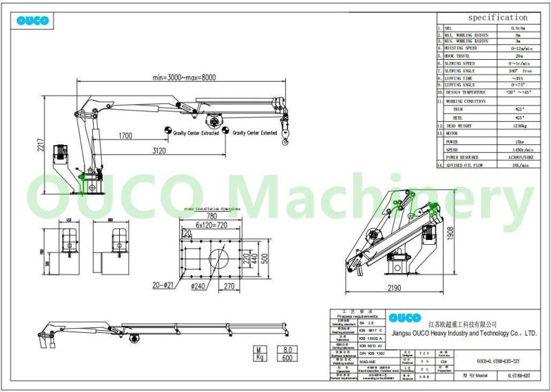 Ouco Popular Product 0.6t8m Folding Telescopic Boom Marine Crane for Ship Working