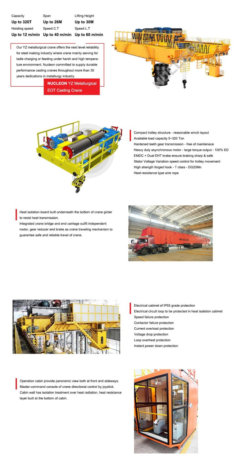 Nucleon High Reliability 20~150 Ton Steel Mill Ladle Electric Overhead Traveling Crane