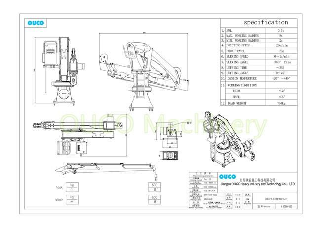 Ouco High Quality Knuckle and Telescopic Marine Crane with 0.6t Load Capacity and 8m Jib Length